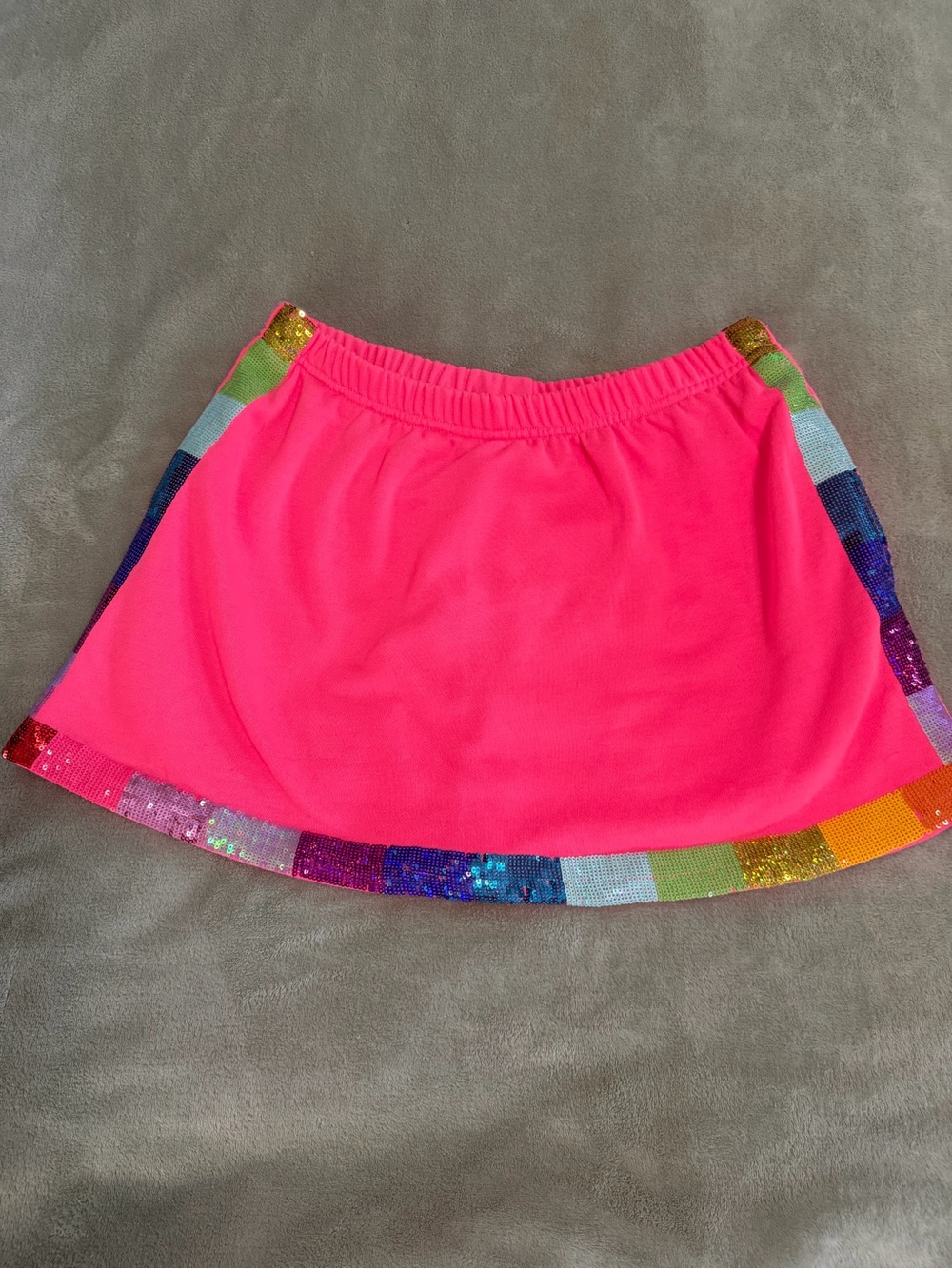 QUEEN OF SPARKLES Neon Hot Pink Mini Skirt with Rainbow Sequin Trim